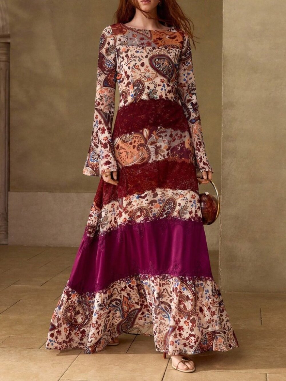 Cream Multi Layered Paisley Print Maxi Dress with Burgundy Lace Trim